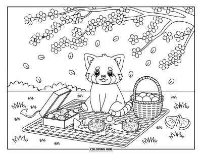 Coloriage de panda roux pour adultes : Un panda roux se détend lors d'un pique-nique printanier avec des cerisiers en fleurs et de délicieuses collations