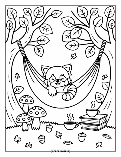 Coloriage de panda roux pour adultes : Un panda roux se détend dans un hamac entre des arbres baignés d'une douce lumière