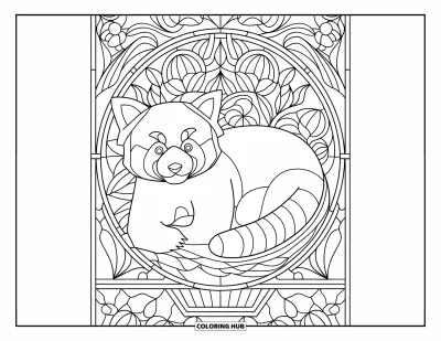 Coloriage de panda roux pour adultes : Un panda roux repose parmi des motifs de vitraux représentant des fleurs et des formes