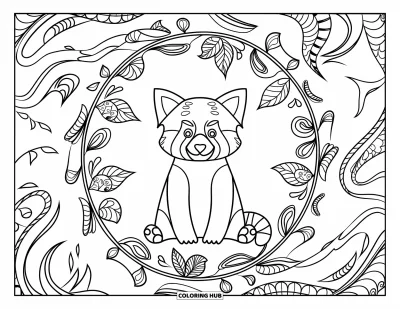 Coloriage de panda roux pour adultes : Un panda roux se repose dans un mandala de vignes entouré de motifs finement détaillés