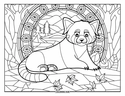 Coloriage de panda roux pour adultes : Un panda roux se repose sur des rochers avec des scènes de nature en vitraux derrière lui