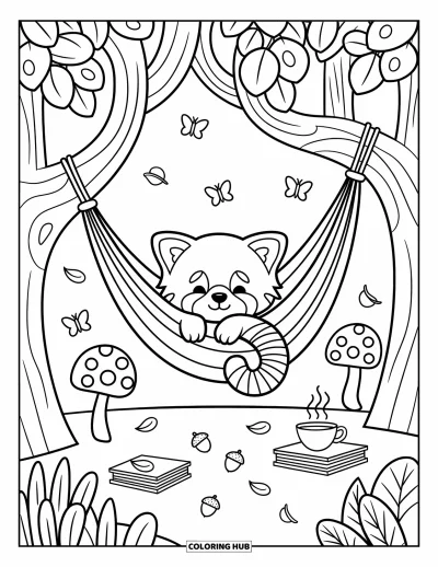 Coloriage de panda roux pour adultes : Un panda roux se repose paisiblement dans un hamac avec des livres et du thé