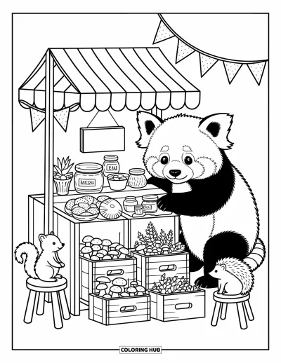 Coloriage de panda roux pour adultes : Un panda roux fait ses courses à un étal forestier avec des confitures, des écharpes et des champignons