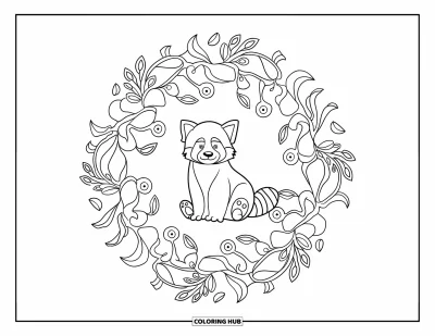 Coloriage de panda roux pour adultes : Un panda roux est assis tranquillement au sein de motifs de mandalas de vignes tourbillonnantes