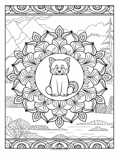 Coloriage de panda roux pour adultes : Un panda roux est assis dans un mandala botanique près de montagnes et d'eau