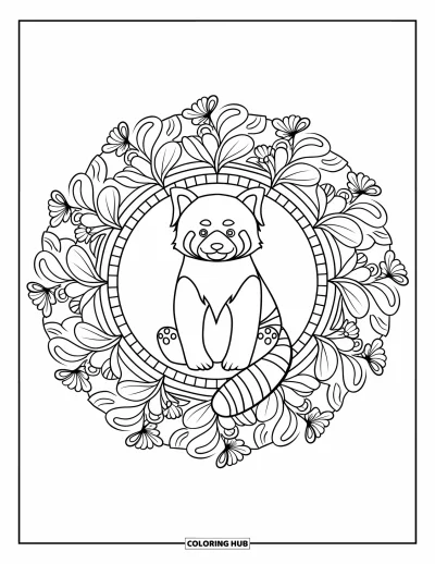 Coloriage de panda roux pour adultes : Un panda roux est assis dans un mandala fleuri avec une bordure décorative