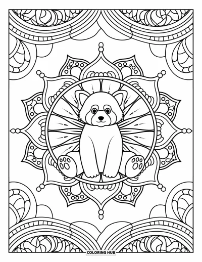 Coloriage de panda roux pour adultes : Un panda roux est assis dans un mandala de lotus encadré de motifs complexes