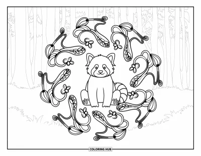 Coloriage de panda roux pour adultes : Un panda roux est assis dans un mandala de vignes tourbillonnantes au cœur d'une forêt paisible