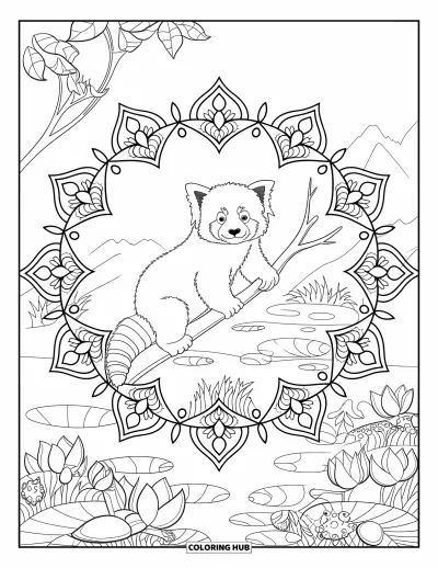 Coloriage de panda roux pour adultes : Un panda roux est assis sur une branche encadré de mandalas de lotus