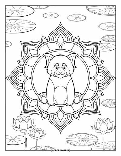Coloriage de panda roux pour adultes : Un panda roux est assis entouré de mandalas de lotus près d'un lac serein