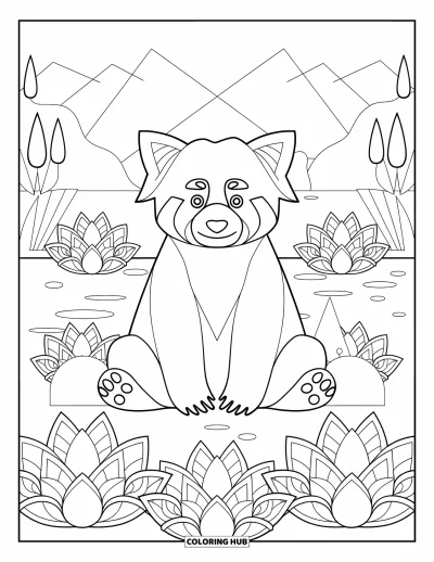 Coloriage de panda roux pour adultes : Un panda roux est assis avec des mandalas de lotus près de montagnes et d'eau