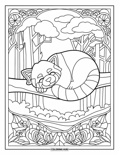 Coloriage de panda roux pour adultes : Un panda roux dort sur une branche parmi des fleurs et des nuages en vitraux