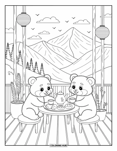 Coloriage de panda roux pour adultes : Deux pandas roux partagent des mochis et du thé sous des guirlandes lumineuses en montagne