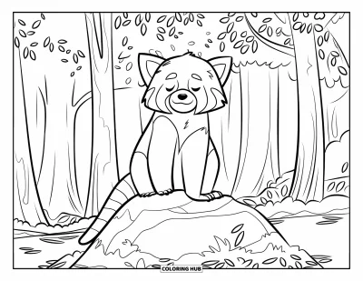 Coloriage de panda roux pour enfants : Un panda roux tranquille se repose sur un rocher moussu en forêt