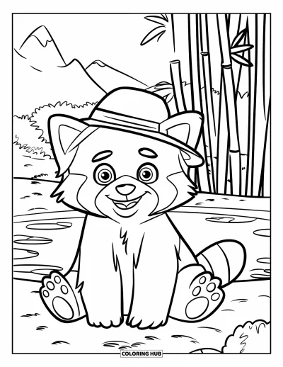 Coloriage de panda roux pour enfants : Un panda roux souriant avec des bambous derrière lui se tient près d'un étang