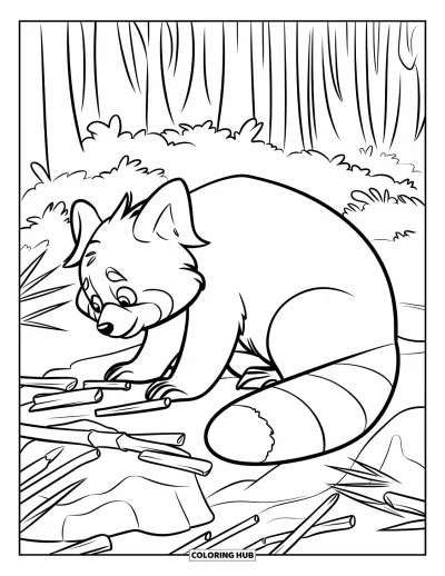 Coloriage de panda roux pour enfants : Un panda roux curieux hume l'air assis sur un rocher