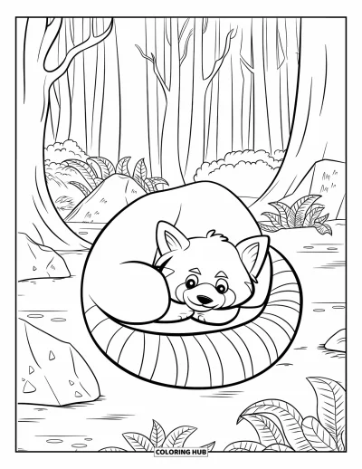 Coloriage de panda roux pour enfants : Un panda roux recroquevillé se repose sur un sol forestier feuillu avec des rochers