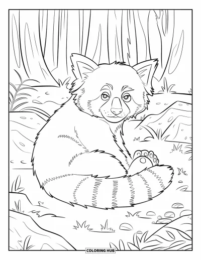 Coloriage de panda roux pour enfants : Un panda roux tout duveteux se repose parmi des plantes et des rochers en forêt