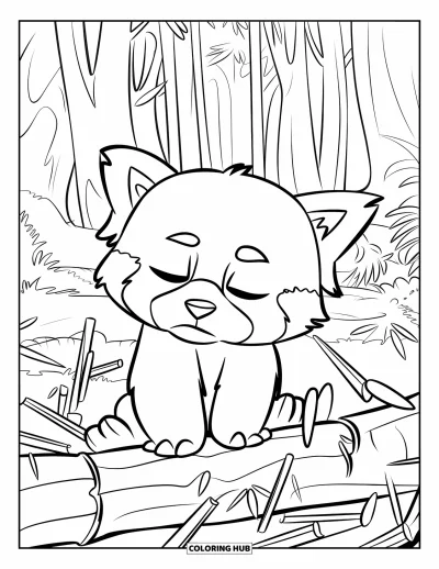 Coloriage de panda roux pour enfants : Un panda roux profite de l'air frais assis sur une bûche couverte de mousse