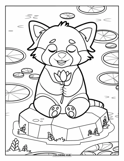 Coloriage de panda roux pour enfants : Un panda roux tenant une fleur de lotus est assis paisiblement près d'un étang