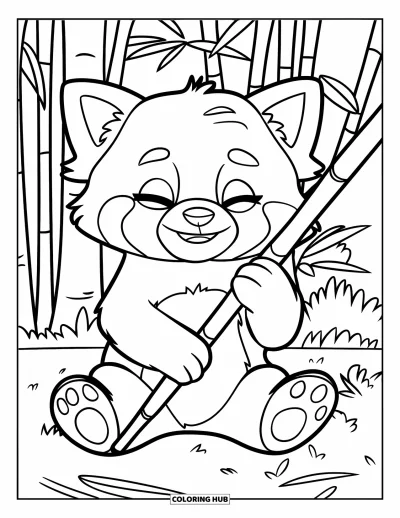 Coloriage de panda roux pour enfants : Un panda roux tient fermement un bâton de bambou avec les yeux fermés