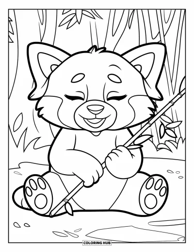 Coloriage de panda roux pour enfants : Un panda roux enlace un grand bâton de bambou assis tranquillement