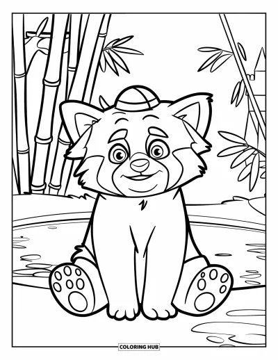 Coloriage de panda roux pour enfants : Un panda roux coiffé d'un chapeau est assis près d'un étang face à un château