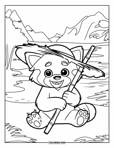 Coloriage de panda roux pour enfants : Un panda roux en chapeau de paille serre un grand bâton de bambou