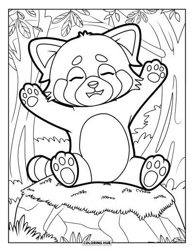 Coloriage de panda roux pour enfants : Un panda roux se détend et s'étire sur un rocher couvert de mousse