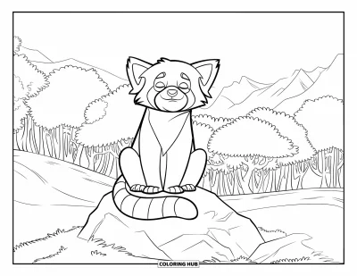 Coloriage de panda roux pour enfants : Un panda roux se détend sur un rocher avec des arbres et des montagnes alentour