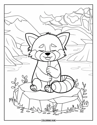 Coloriage de panda roux pour enfants : Un panda roux est assis sur un rocher entouré de petites plantes