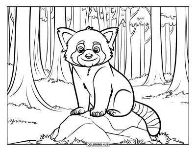 Coloriage de panda roux pour enfants : Un panda roux est assis bien droit sur un rocher dans une forêt paisible