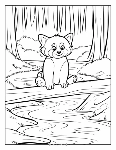 Coloriage de panda roux pour enfants : Un panda roux étire ses pattes en équilibre sur une bûche