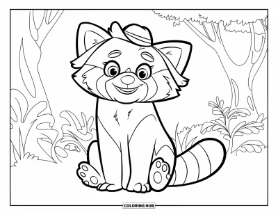 Coloriage de panda roux pour enfants : Un panda roux coiffé d'un chapeau sourit chaleureusement dans la forêt