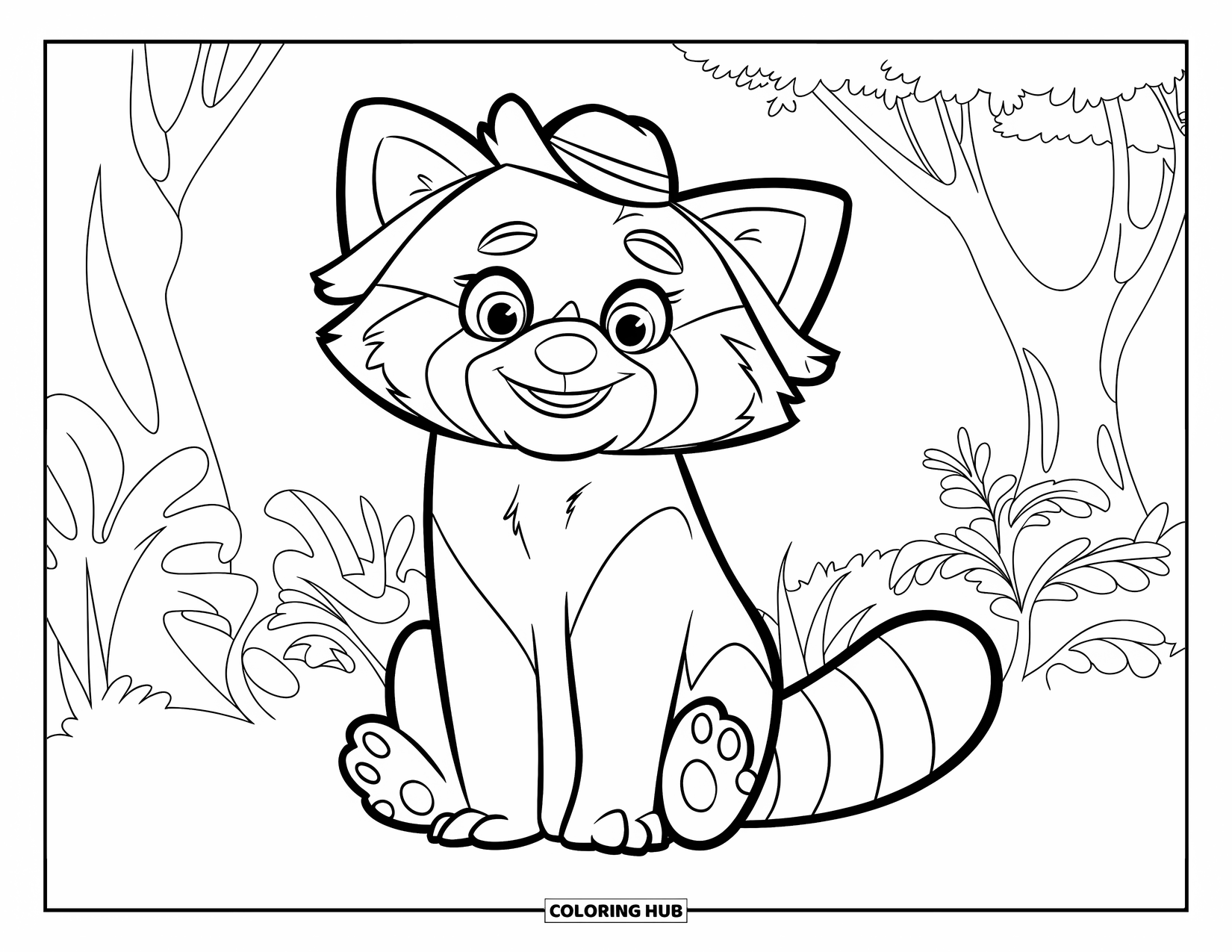 Red Panda Coloring Page for Kids: A red panda wearing a hat smiles warmly in the forest
