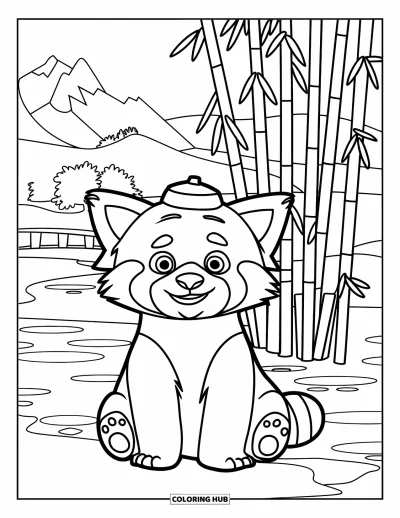 Coloriage de panda roux pour enfants : Un panda roux avec un chapeau se repose près d'un étang entouré de bambous