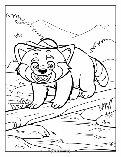 Coloriage de panda roux pour enfants : Un panda roux avec un chapeau montre ses dents en traversant une bûche
