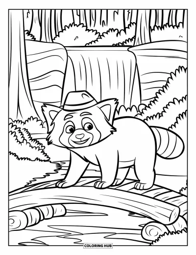 Coloriage de panda roux pour enfants : Un panda roux avec un chapeau traverse un pont de bûches dans la forêt