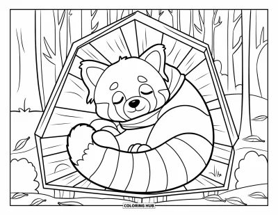 Coloriage de panda roux pour enfants : Un panda roux avec une écharpe fait la sieste dans une alcôve en bois entourée de feuilles mortes