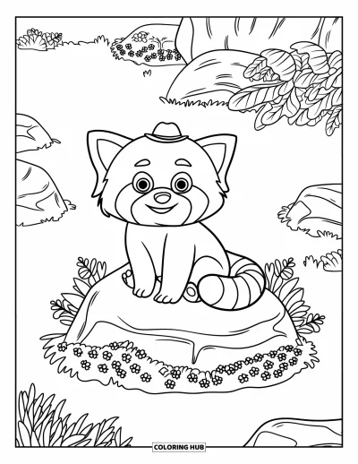 Coloriage de panda roux pour enfants : Un panda roux avec un petit chapeau est assis sur un rocher entouré de plantes