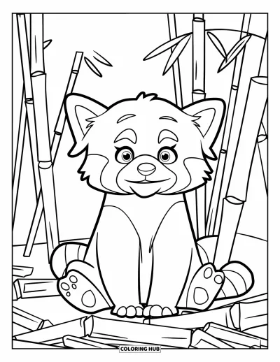 Coloriage de panda roux pour enfants : Un panda roux aux grands yeux renifle avec curiosité parmi les bambous