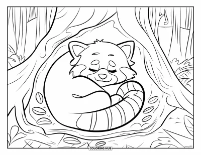Coloriage de panda roux pour enfants : Un panda roux somnolent se repose sur une bûche parmi de grands arbres forestiers