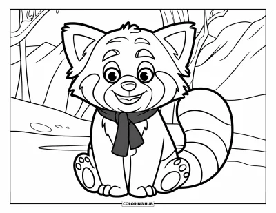 Coloriage de panda roux pour enfants : Un panda roux souriant avec une écharpe est assis dans des montagnes enneigées
