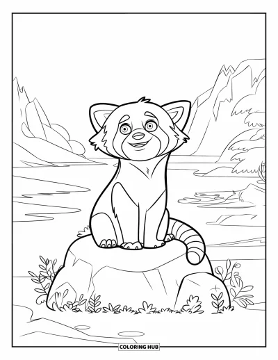 Coloriage de panda roux pour enfants : Un panda roux aux grands yeux est assis sur un rocher entouré de verdure