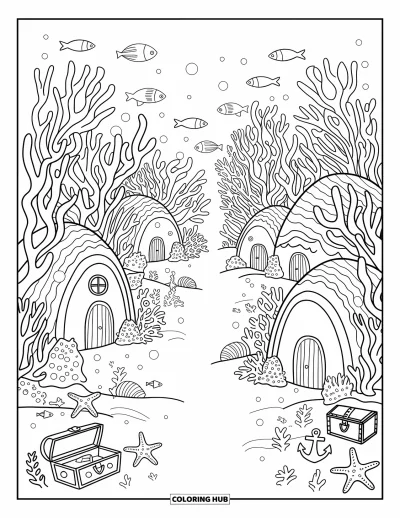 Desenho do mar para colorir para adultos: Vila subaquática aconchegante com casas de concha, âncoras e baús do tesouro