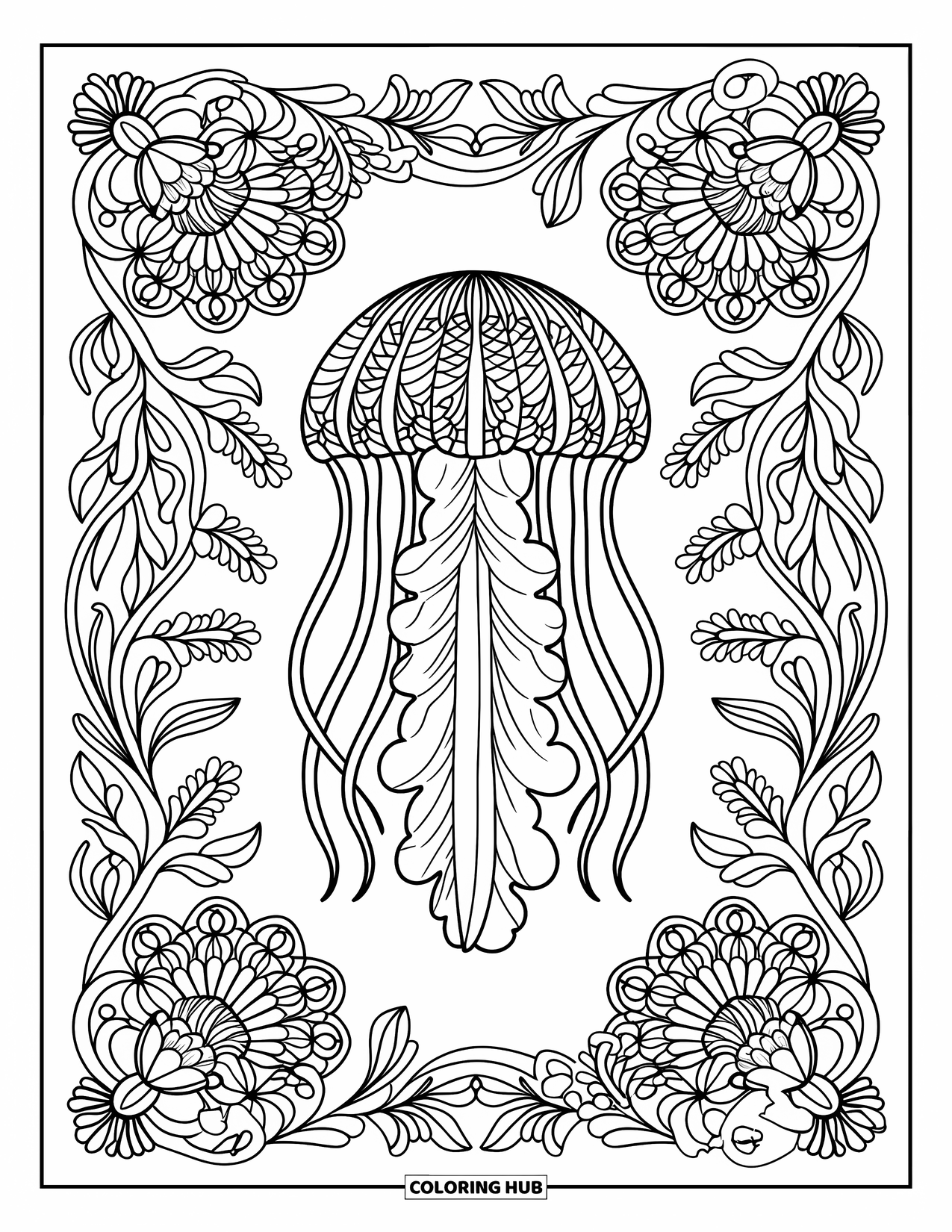 Sea Coloring Page for Adults: Detailed jellyfish in the center of botanical mandala patterns