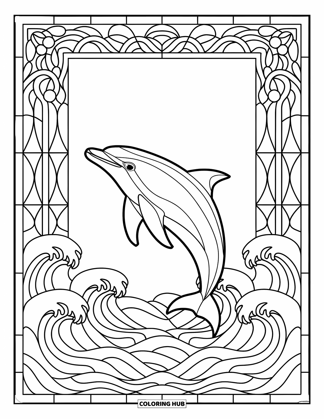 Sea Coloring Page for Adults: Dolphin at the center with stained glass wave patterns