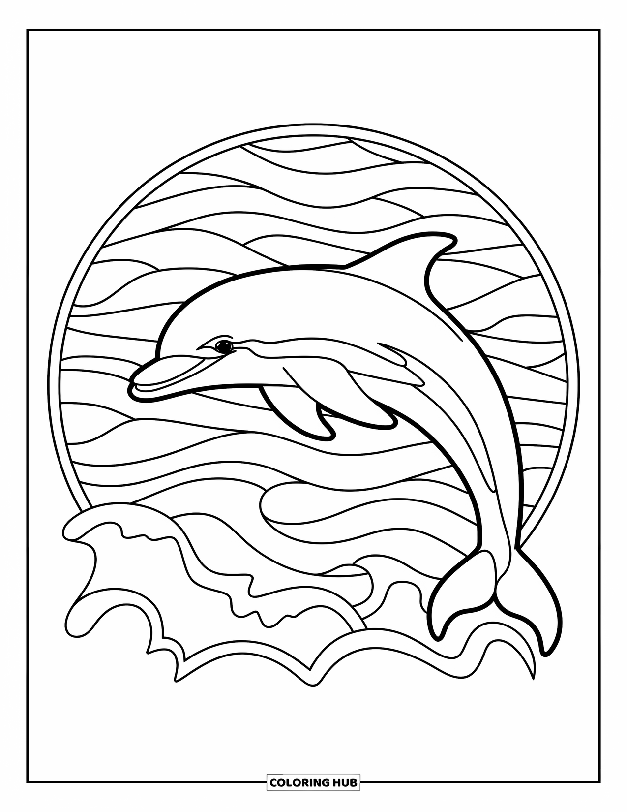 Sea Coloring Page for Adults: Dolphin jumping out of water surrounded by stained glass waves