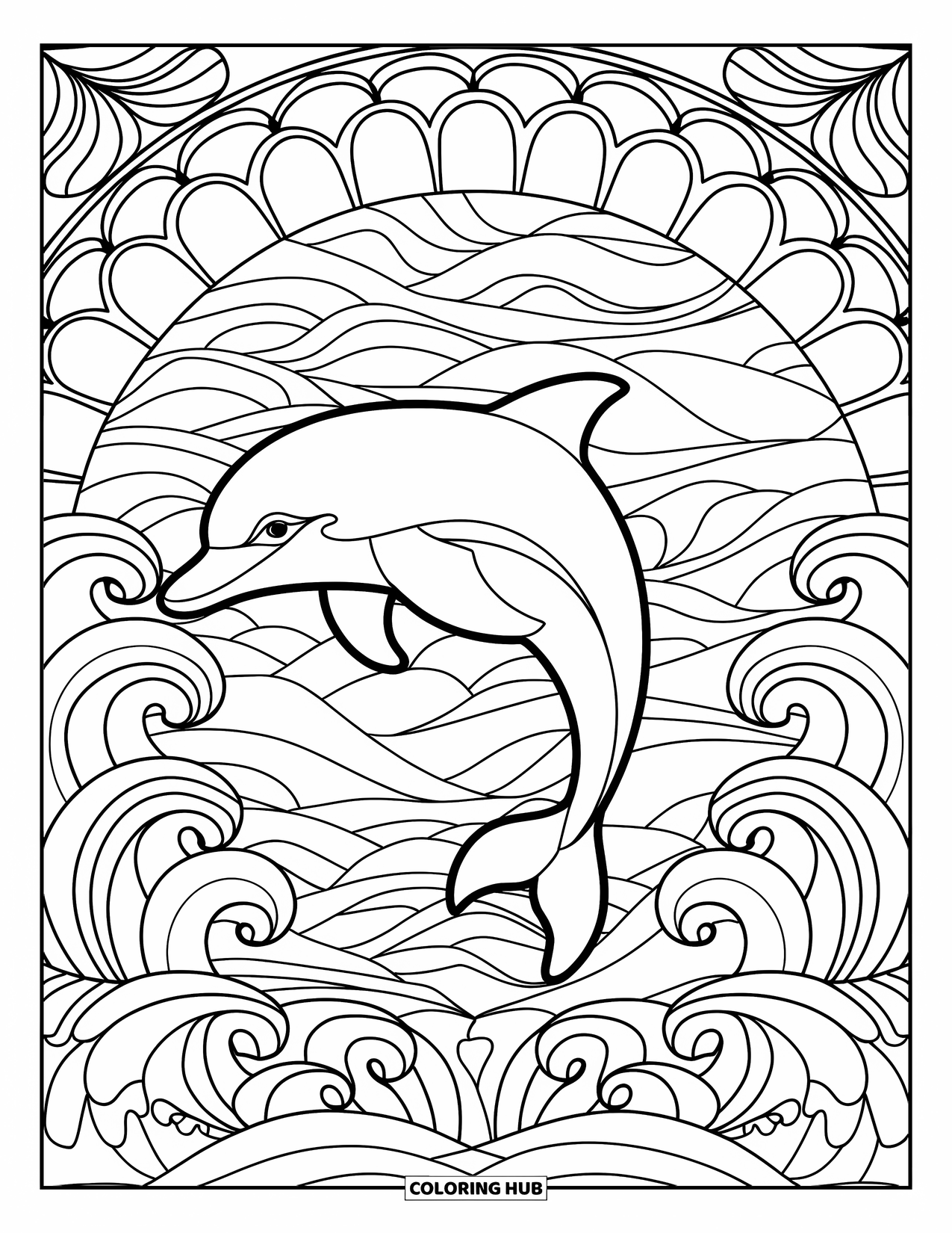 Sea Coloring Page for Adults: Dolphin swimming through stained glass wave designs