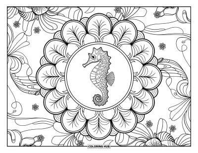 Desenho do mar para colorir para adultos: Mandala floral com um cavalo-marinho no meio e detalhes intrincados